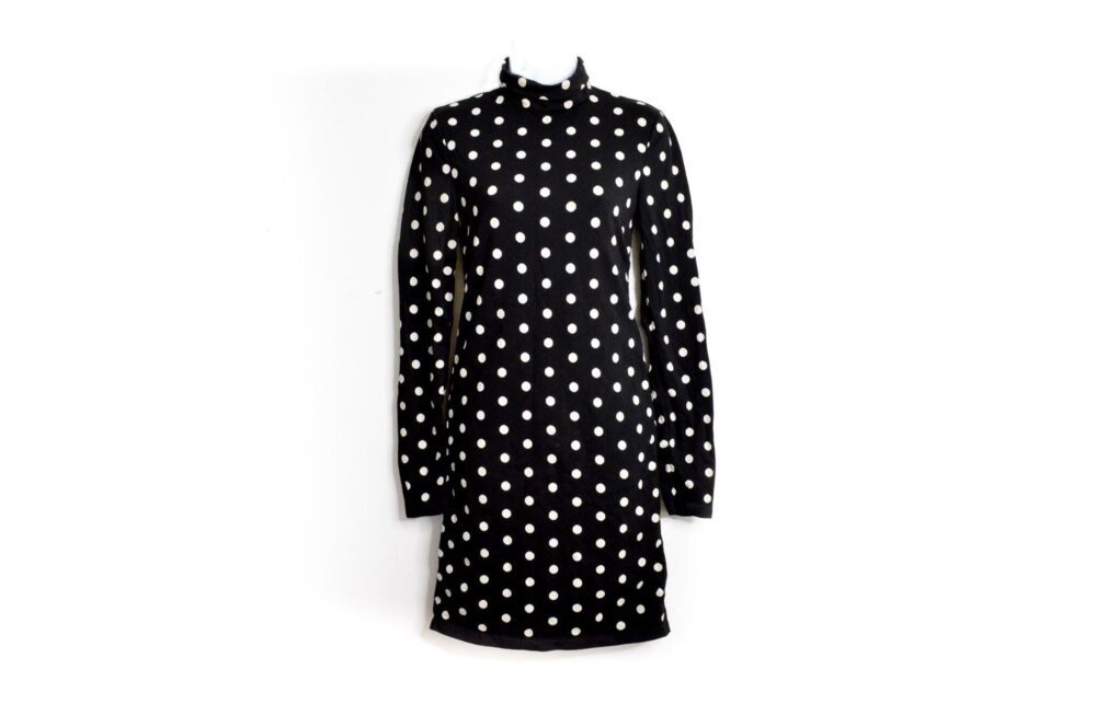 90's Wolford Dress Black Knit Mini Polka Dot Turtleneck Long Sleeves Vintage 1990S lbd Size M/Medium