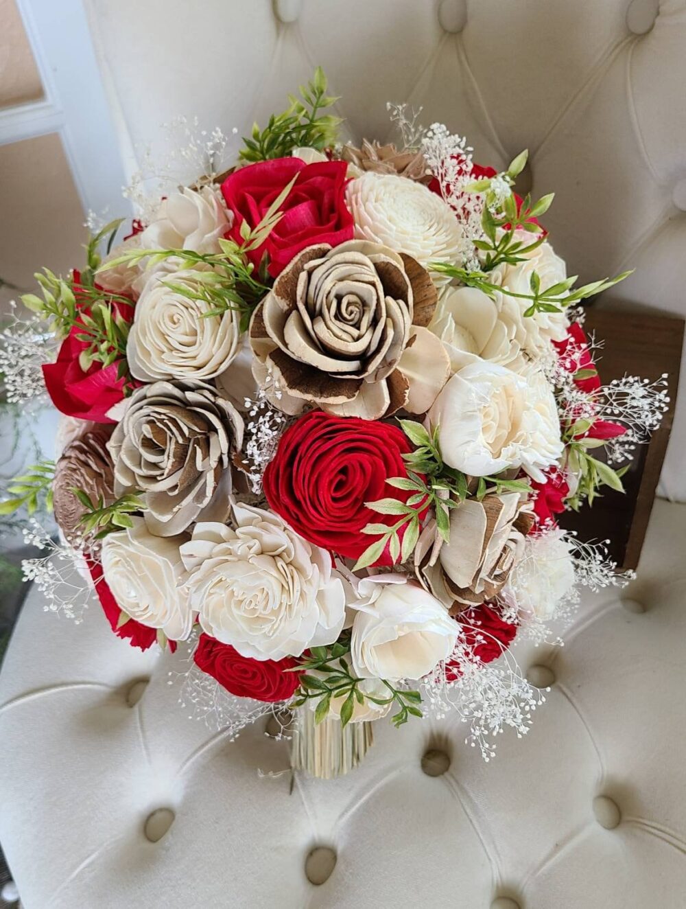 Red Wedding Bouquet, Winter Sola Flower Rustic Bridal Bouquet