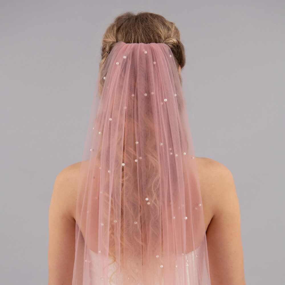 Rose Blush Wedding Veil Scattered White Pearls, Gold Comb