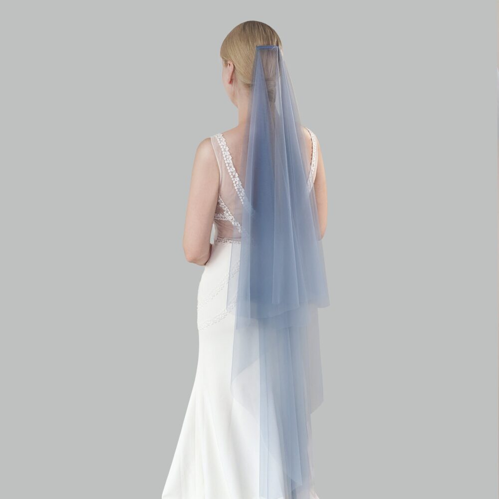 Dusty Blue Tulle Blusher Wedding Veil With Comb