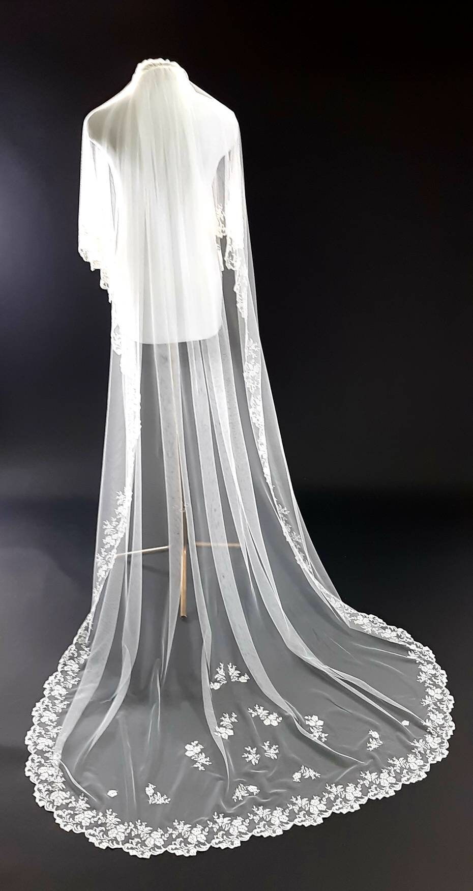 Wedding Veil With Blusher, Embroidered Lace Edge. Soft English Tulle