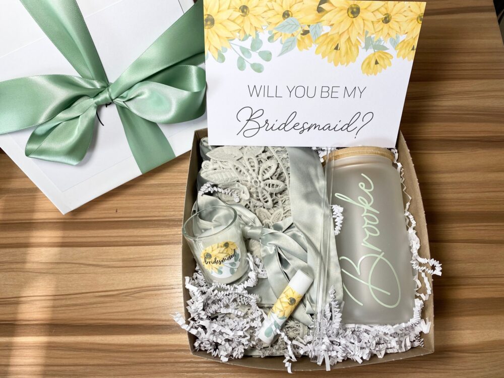 Bridesmaid Proposal Box Set Sunflowers Robe Ice Coffee Glass Mug Bridesmaid Proposal Will You Be My Box Sunflower Wedding Rustic