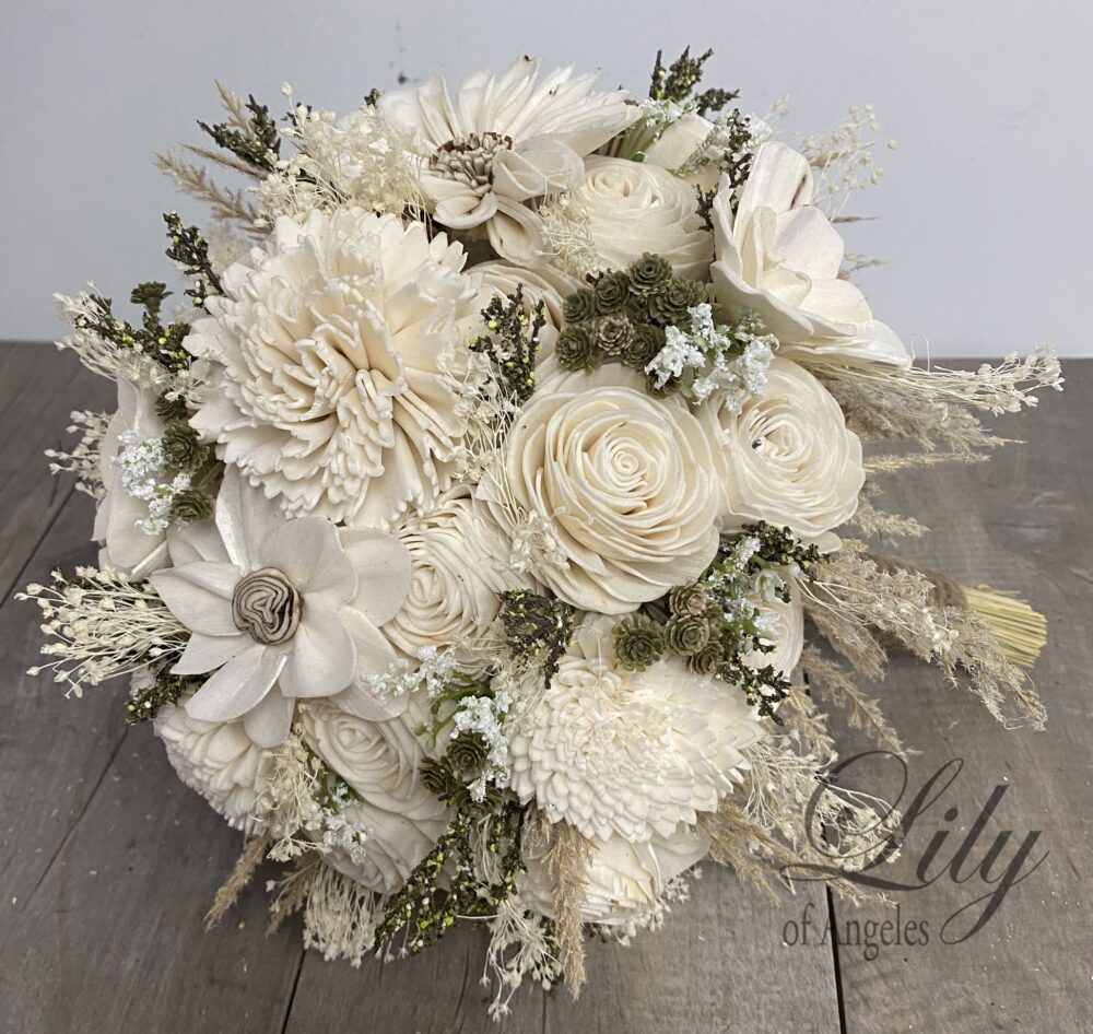 Wedding Bouquet, Bridal Bridesmaid Sola Flower, Wooden Ivory, Cream, Rustic, Boho, Lily Of Angeles