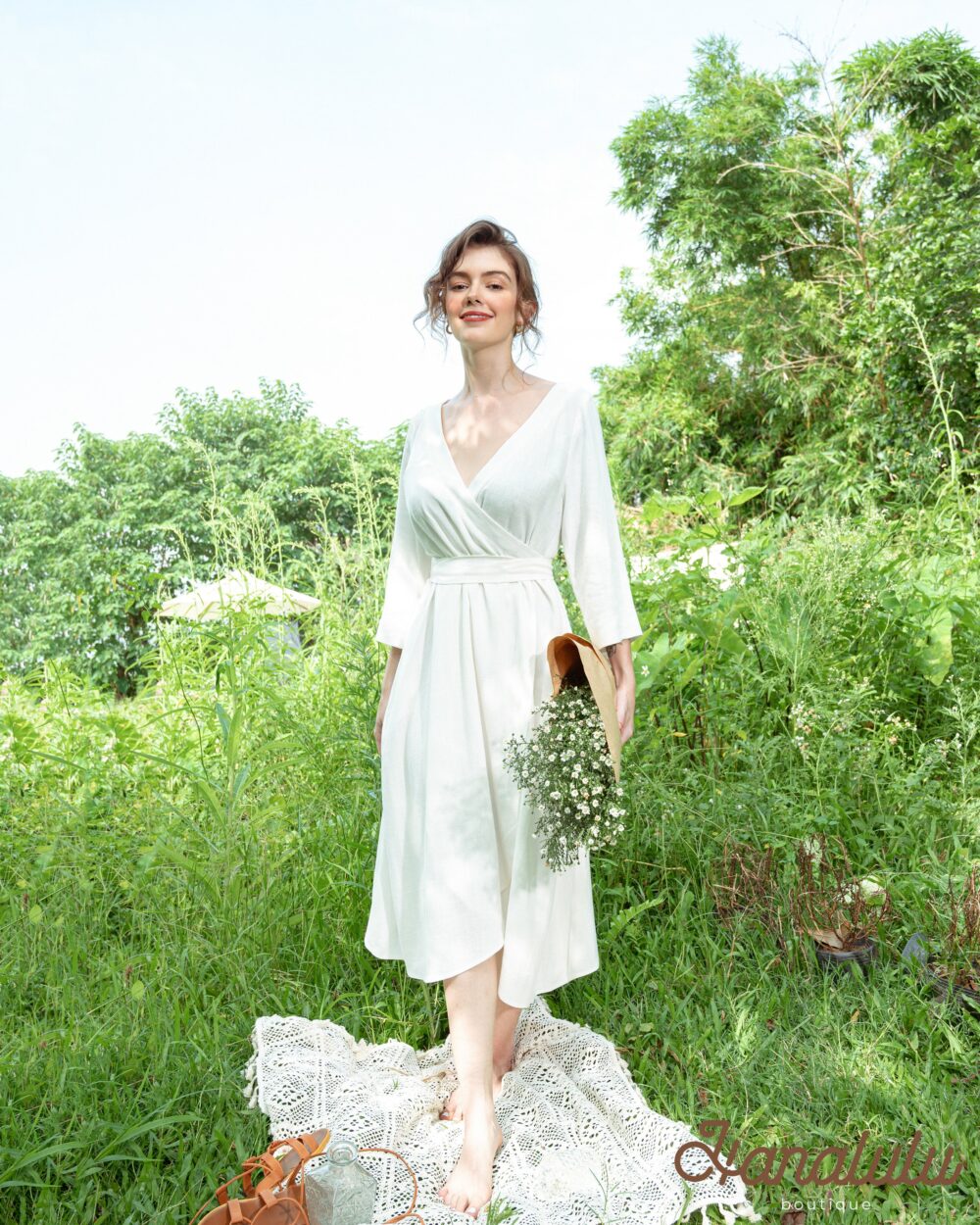 Linen Wrap Dress V-Neck, Long Sleeve, Over-The-Knee