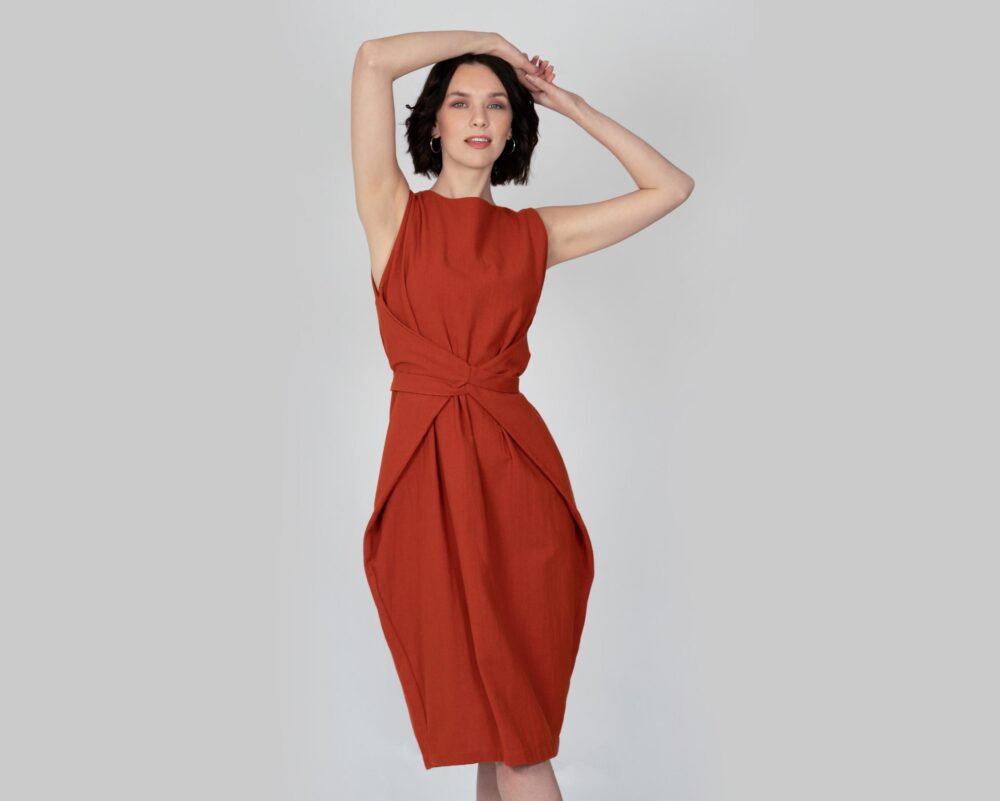 Rust Organic Cotton Wrap Dress, Sustainable Midi Length, Adjustable Tie