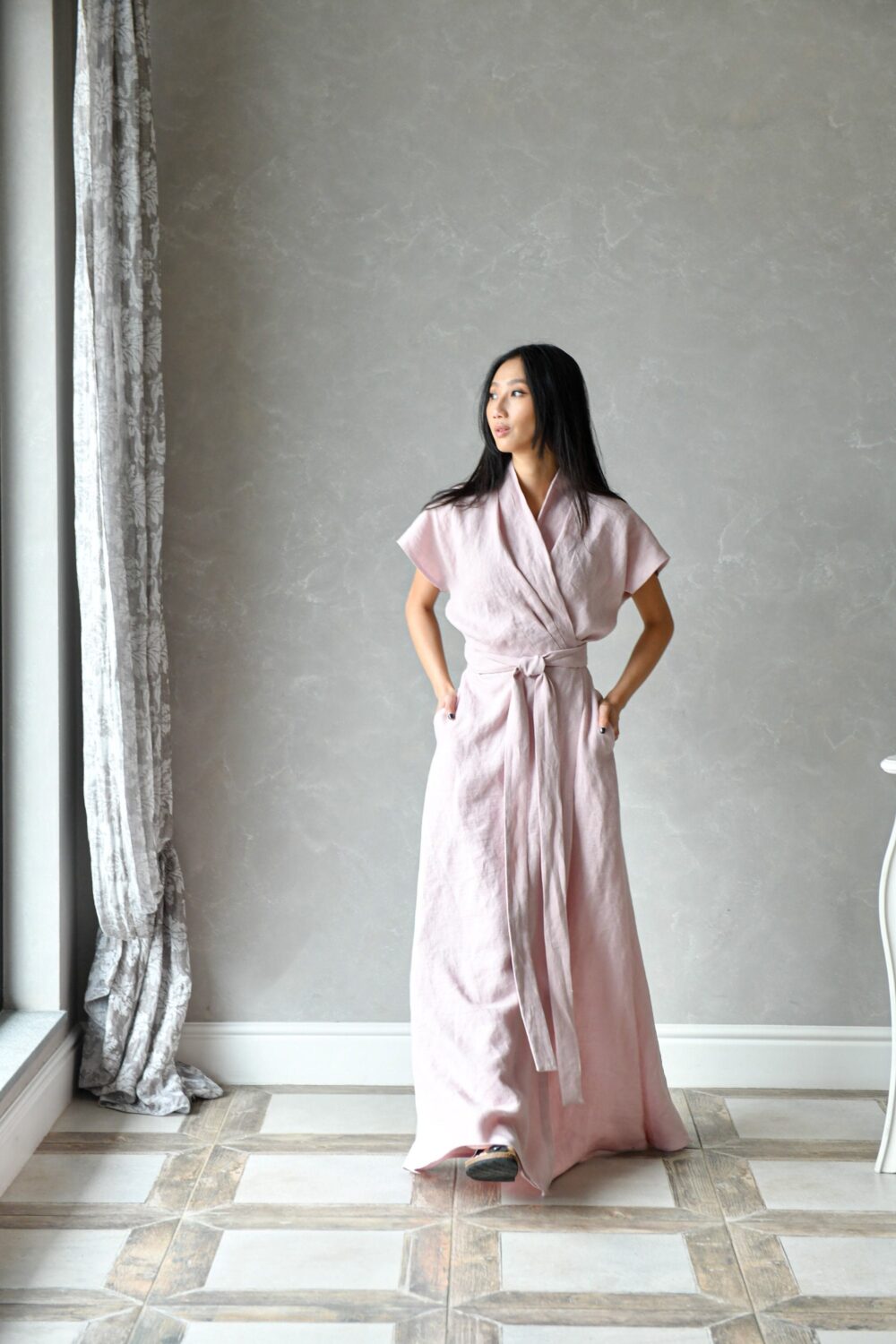 Long Linen Wrap Dress, Kimono Pink Fairy Around Simple Wedding Japanese Summer Dress Harper