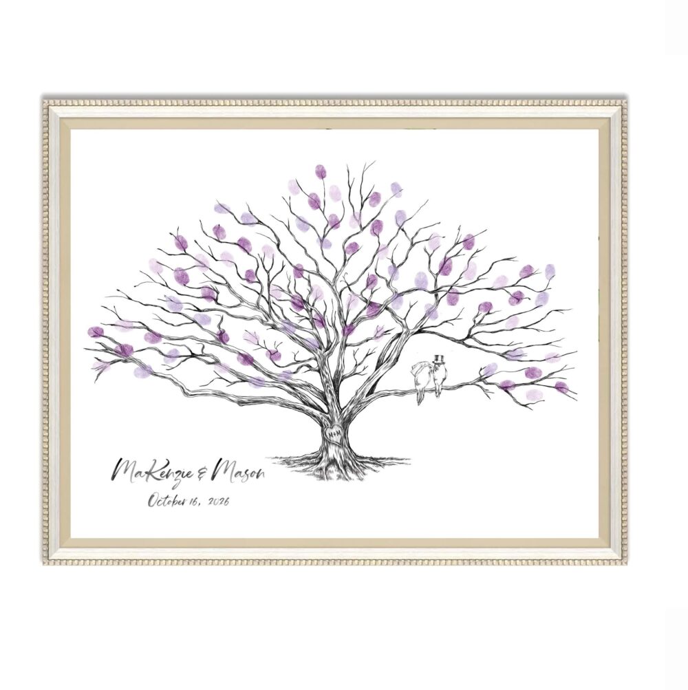Thumbprint Low Oak Wedding Guest Book Alternative, Love Birds & Heart, Fingerprint Guestbook, Sign-In Custom Guestbook