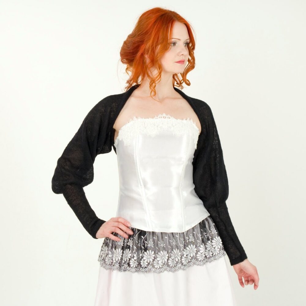 Black Bolero Puff Sleeve Sweater Wedding Jacket Knit Mohair Silk Long Sleeve Shrug