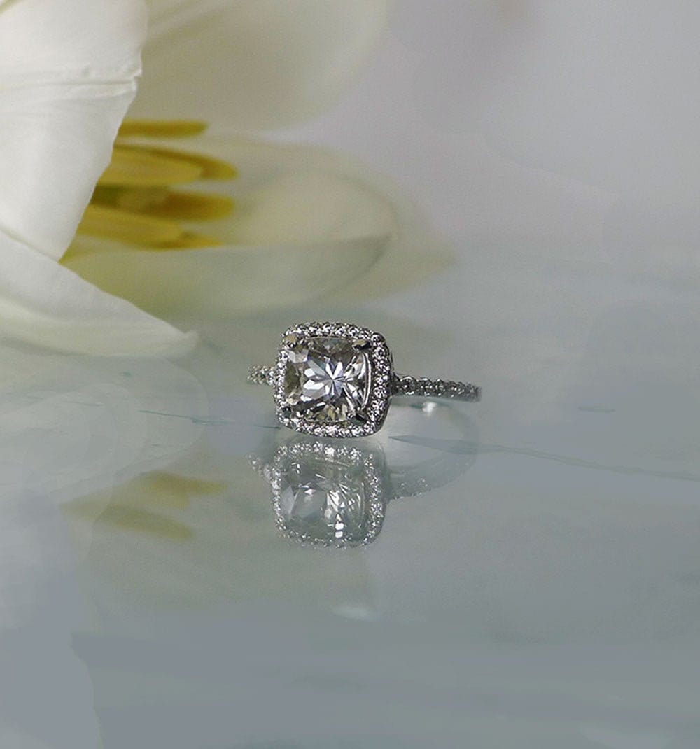 Halo Engagement Ring, Sterling Emerald Cut Herkimer Diamond Ring