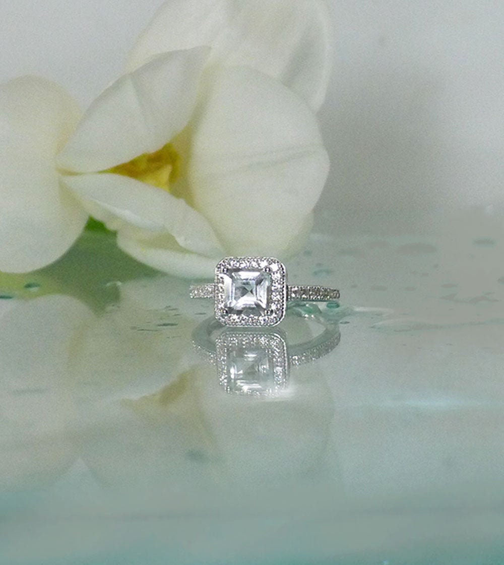 Square Halo Ring, Engagement Unique Herkimer Diamond Ring