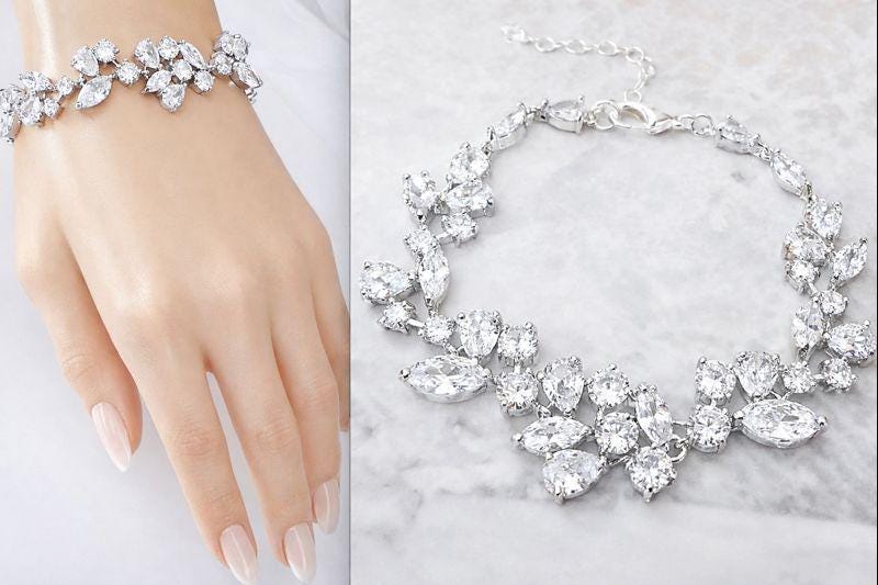 Marquise Wedding Bracelet For A Bride Bridesmaids Mother Of The Crystal Cuff Cz Leaf Plus Size Bridal Jewelry, Lilly