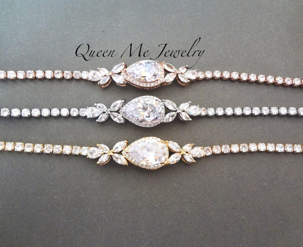 Dainty Cz Leaf Teardrop Wedding Bracelet For A Bride Marquise Vine Mother Of The Bridal Jewelry Gift Her, Lilly