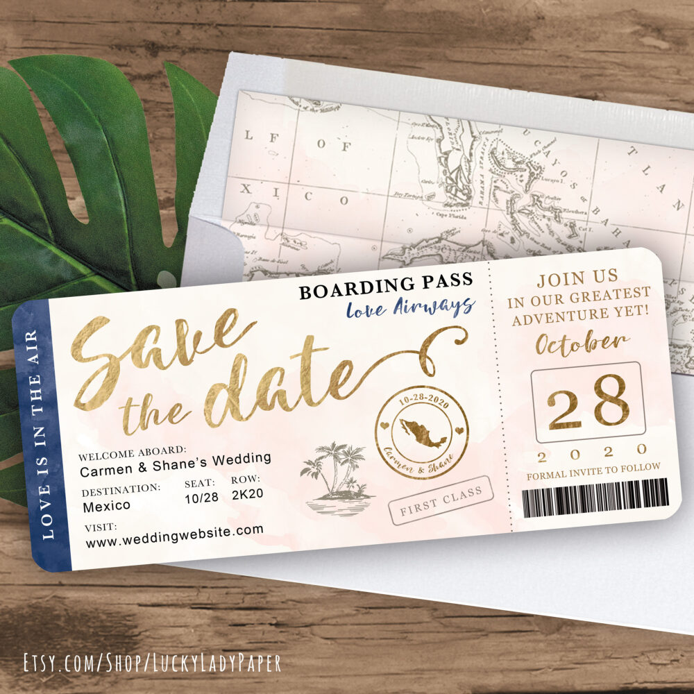 Destination Wedding Boarding Pass Save The Date Invitation in Navy, Gold & Blush Watercolor By Luckyladypaper - See Item Details To Order