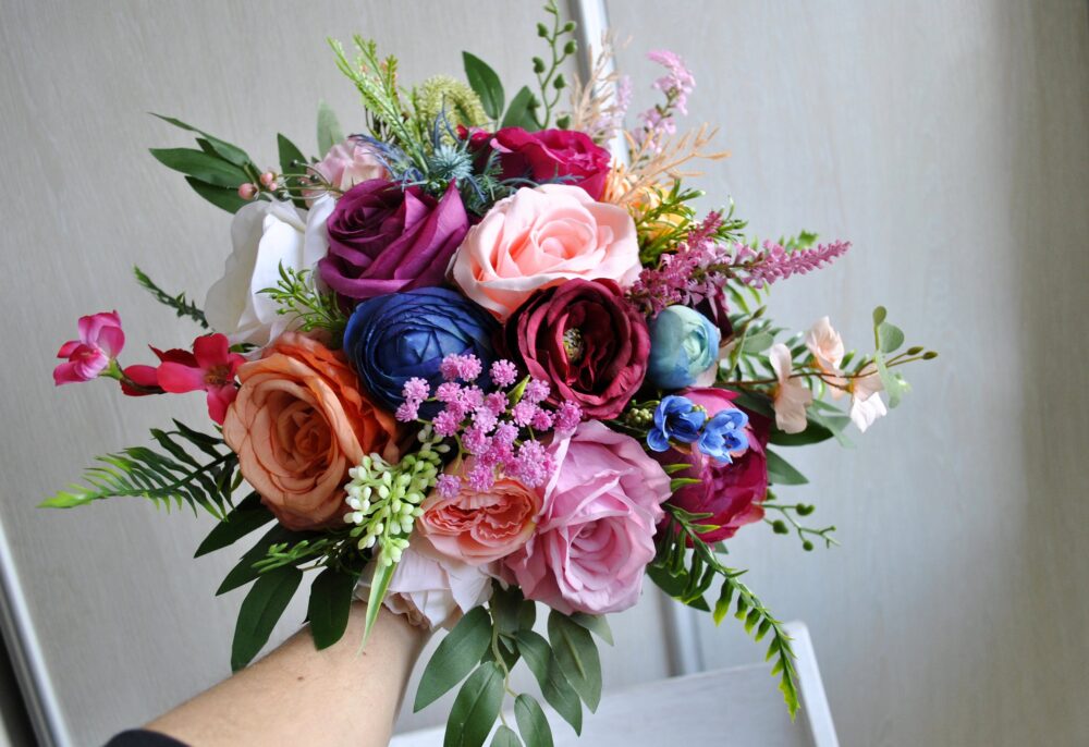 Hot Pink Peach Wedding Bouquet, Jewel Tone Wedding, Boho Bridal Bouquet