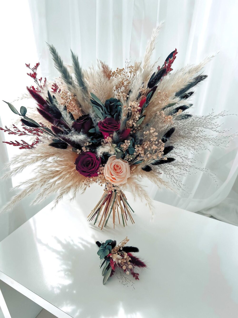 Boho Wedding Bouquet, Bouquet For Bride, Dried Flowers, Eucalyptus Pampas, Burgundy Roses, Bridesmaid Rust Fall Flowers