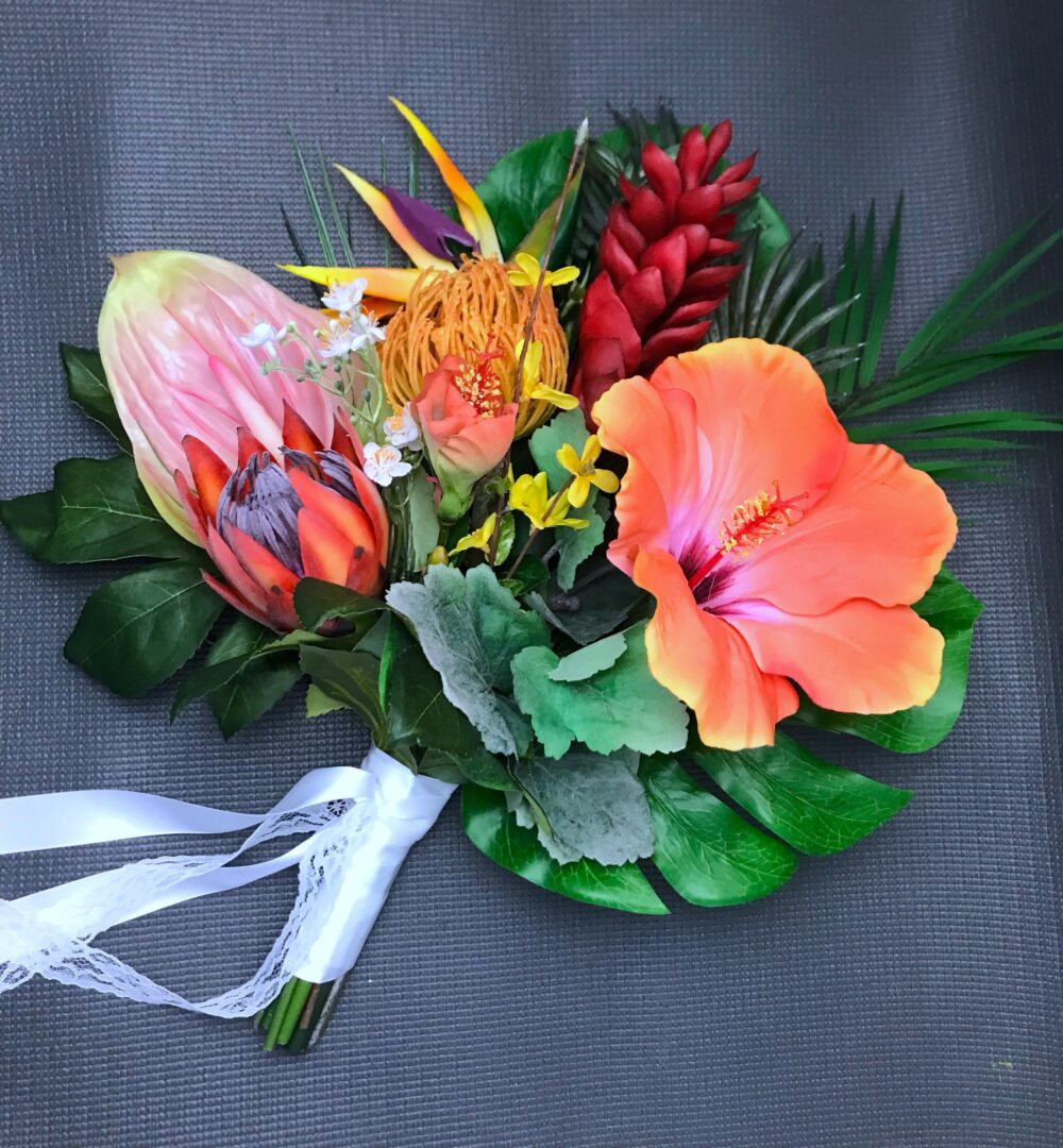 Artificial Tropical Wedding Bouquet Silk Hibiscus, Monstera, Protea