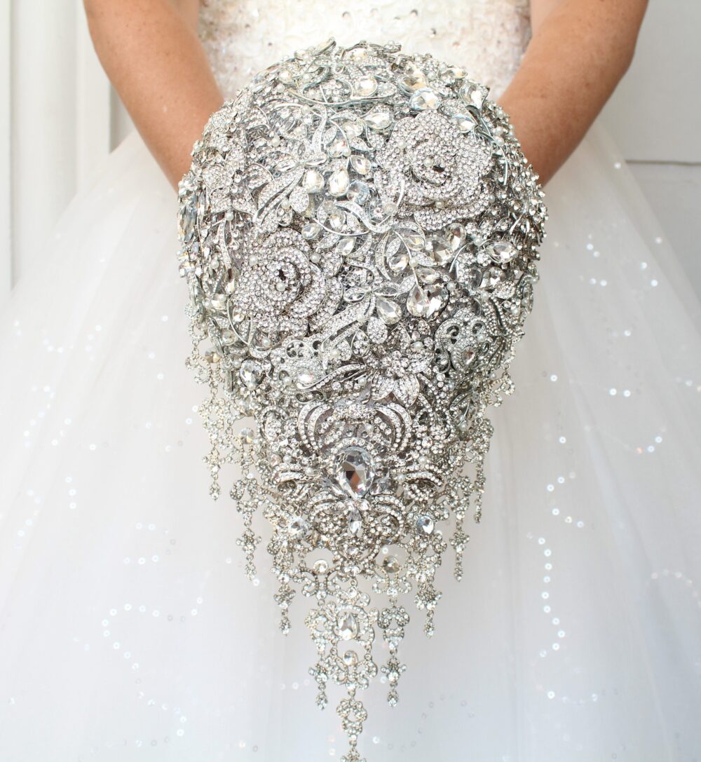 Silver Brooch Wedding Bouquet Crystal Cascade, Bling Bridal Bouquet