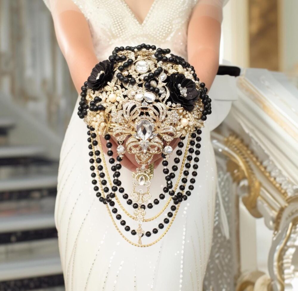 Black & Gold Brooch Wedding Bouquet Gatsby Style Jeweled Cascade