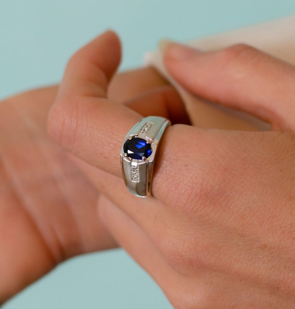 Vintage Men Sapphire Ring, 1.31Ct Oval Sapphire, 10K White Gold, Estate Jewelry, Dome Ring, Men Jewelry, Ring