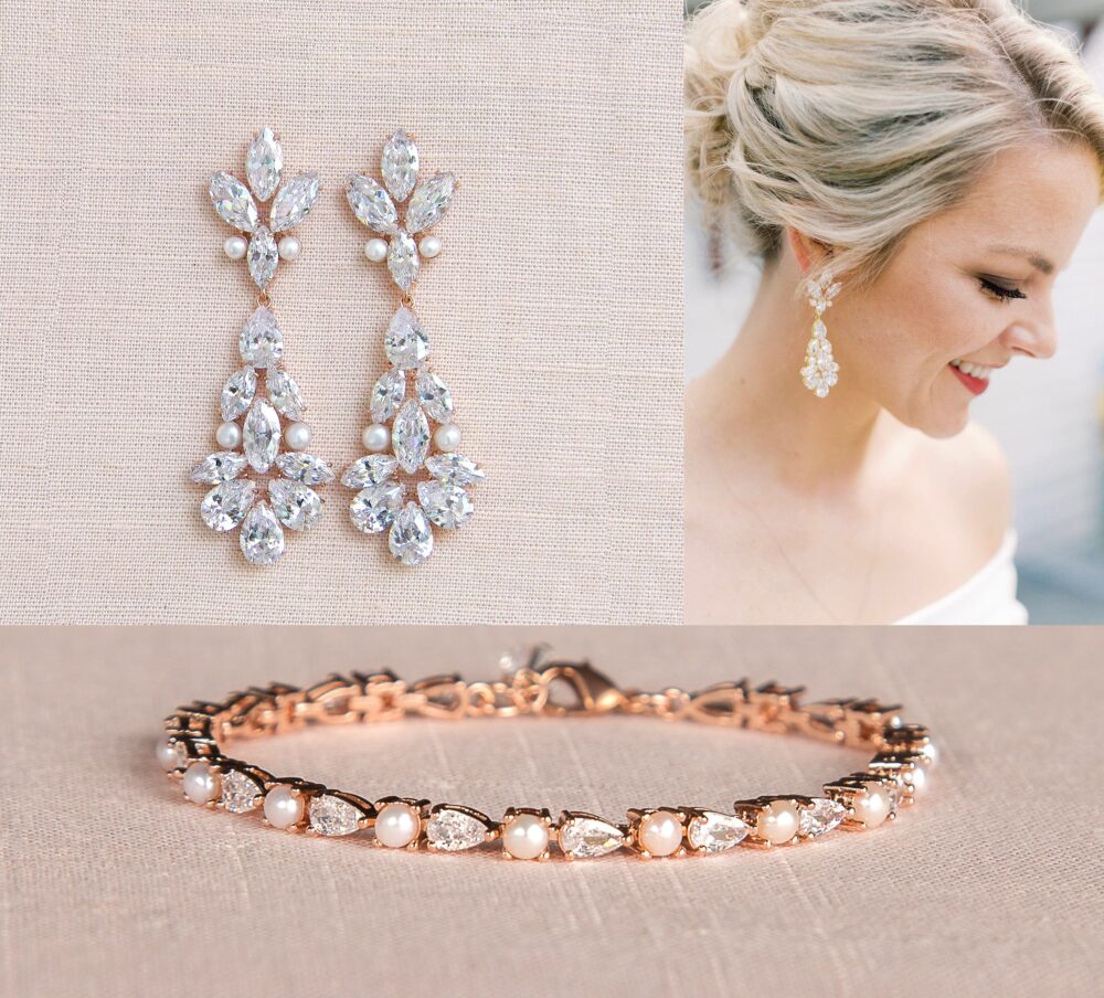 Wedding Earrings/Bracelet, Chunky Bridal Earrings, Crystal Jewelry Set, Pearl & Bella