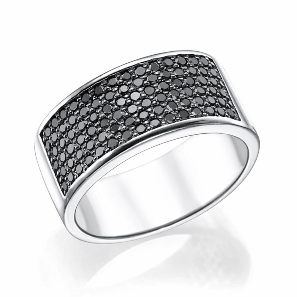 Black Diamond Eternity Ring 14K White Gold Wide Band Pavé Wedding For Men Bold Statement Jewelry