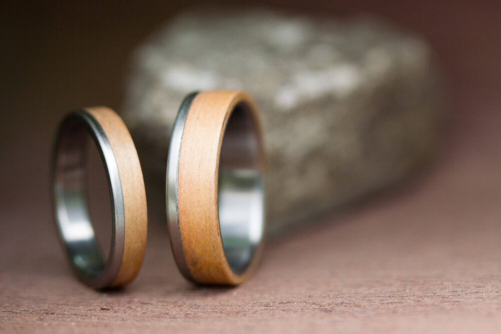 Titanium Oak Wood Wedding Ring Set - Matte Matching Bands. | 00519 4N6N