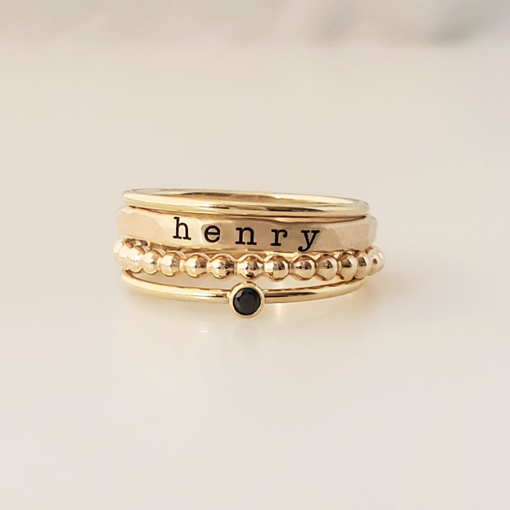 Personalized 14K Gold Filled Name Rings | Stackable Mom Custom Engraved, Birthstone & Beaded Bands Mother's Day Gift Jewelry