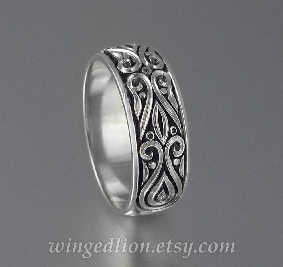 Prince Charming Mens Wedding Band Sterling Silver, Renaissance Style Ornate Band