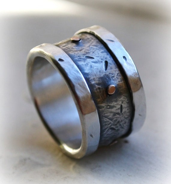 Mens Wedding Band - Oxidized Fine Silver & Sterling With 14K Rose Gold Rivets Handmade Custom