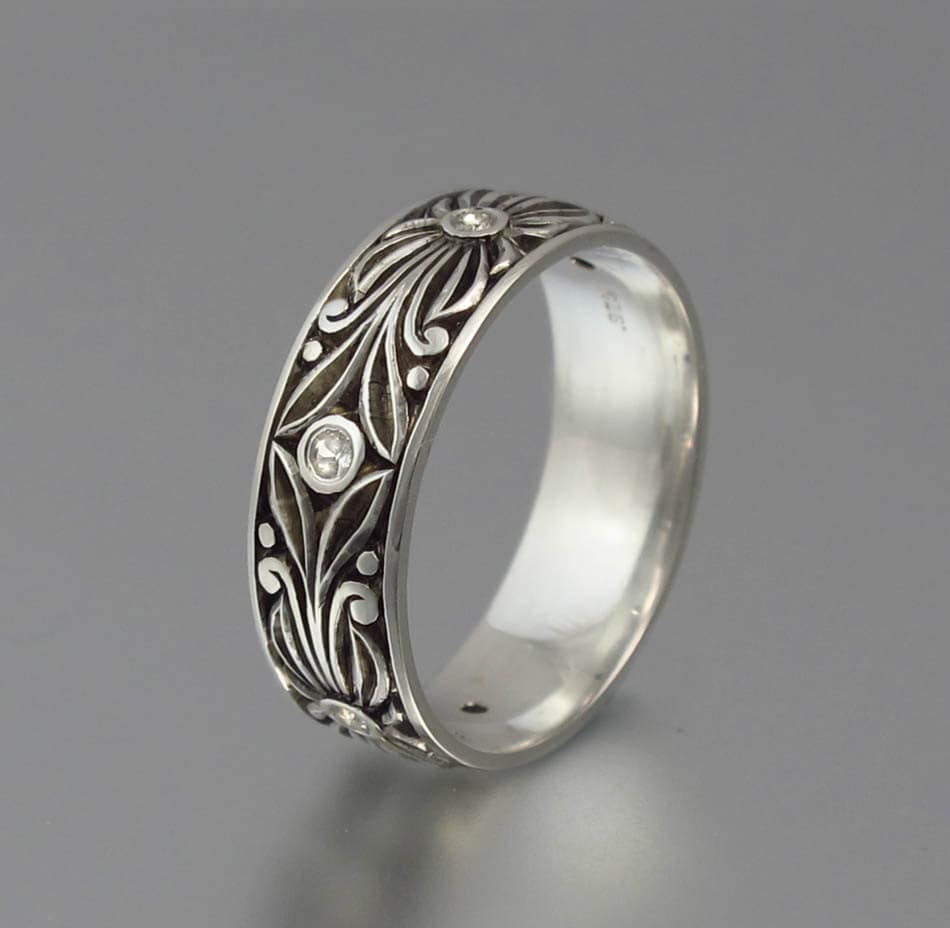 Engraved Sterling Silver Men's Wedding Band With White Sapphires