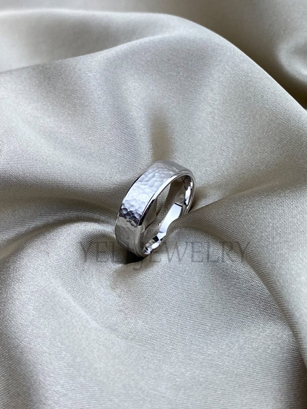 Mens Hammered Platinum Or White Gold Silver Wedding Band