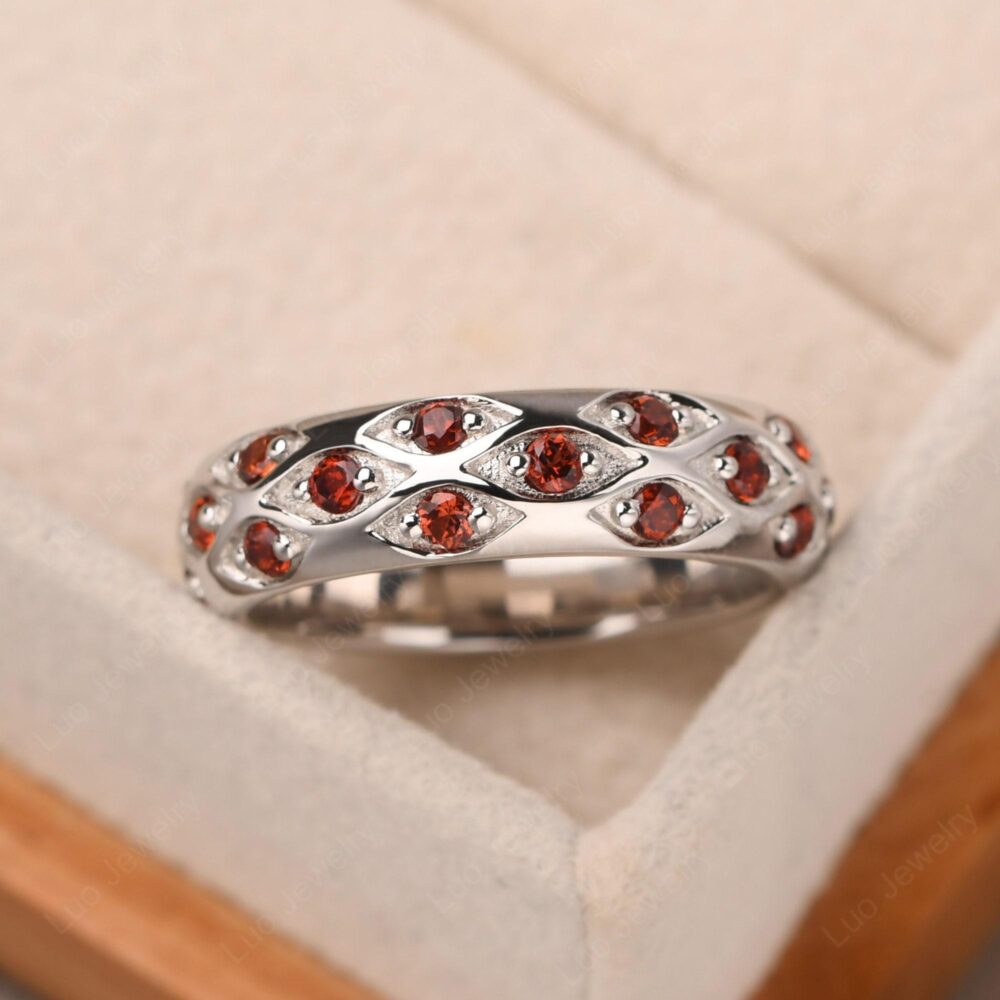 Unique Pave Wedding Band For Men, Garnet Stacking Eternity Ring, Thick January Birthstone Ring