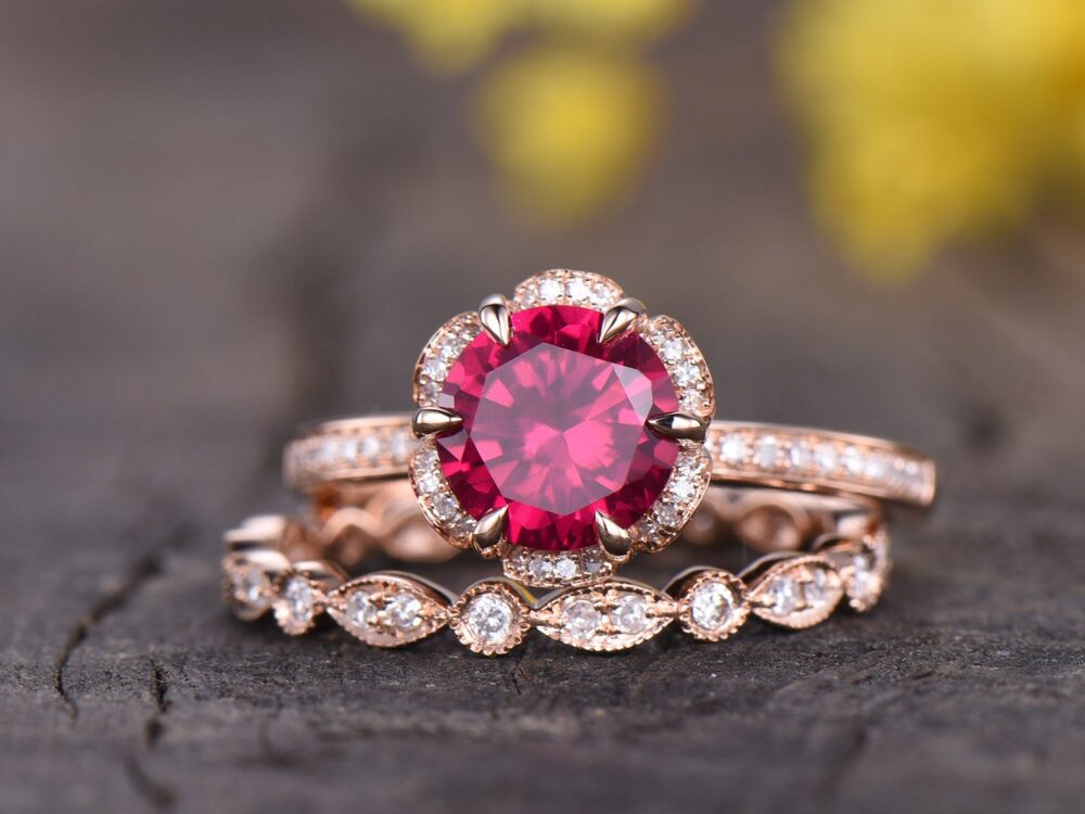 1.5Ct Lab Ruby Engagement Ring Set, 14K Rose Gold Floral Diamond Bridal Set