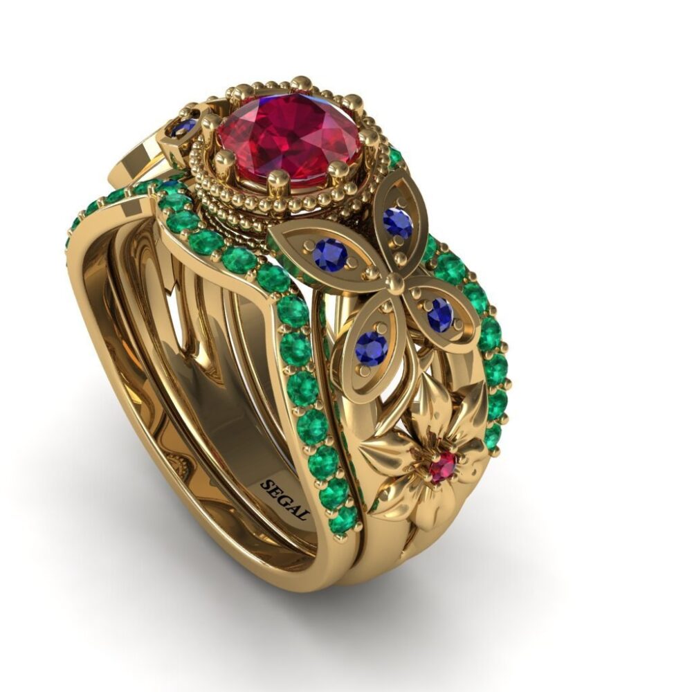 Diamond Ring Bridal Set Engagement Proposal Ruby Art Deco Flower Wedding Band Promise Red