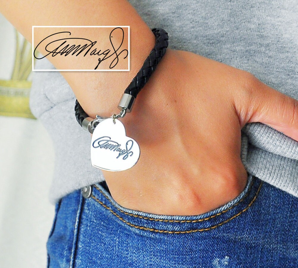 Silver Memorial Signature Bracelet, Personalized Handwriting Egraving, Custom Leather Heart Bangle, Couple Jewelry, Christmas Gift