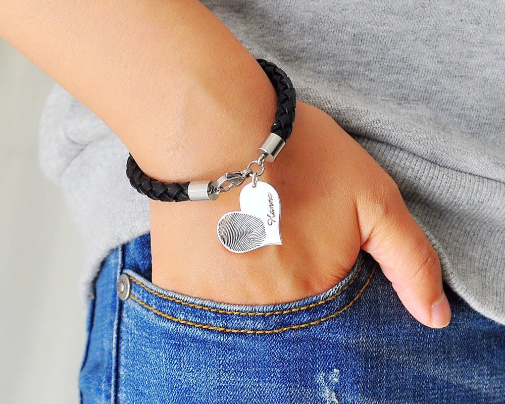 Custom Signature Bracelet, Memorial Fingerprint Heart Braided Leather Engraving Bangle, Couple Jewelry, Christmas Gift