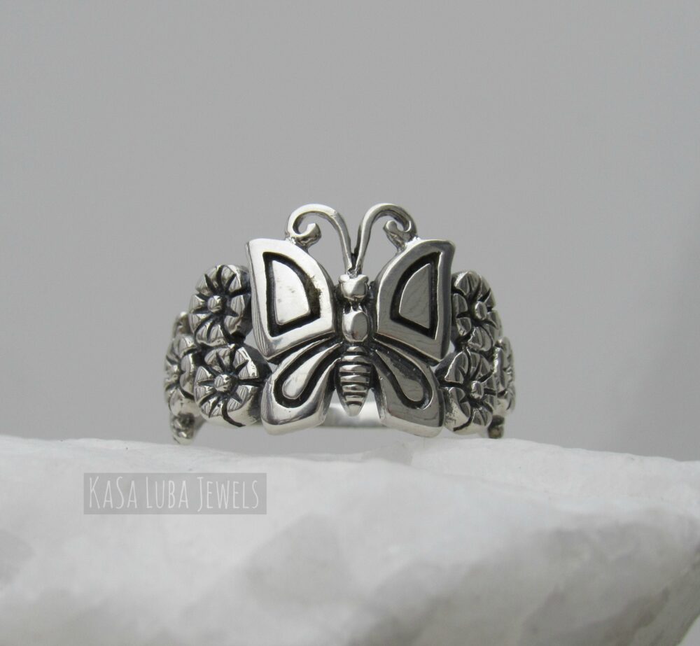 sterling Silver Butterfly Ring Plumeria Flower Band