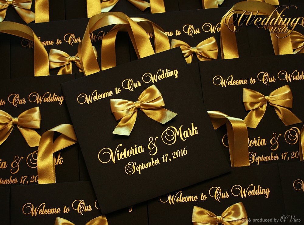 Personalized Black & Gold Wedding Favor Bags With Ribbon