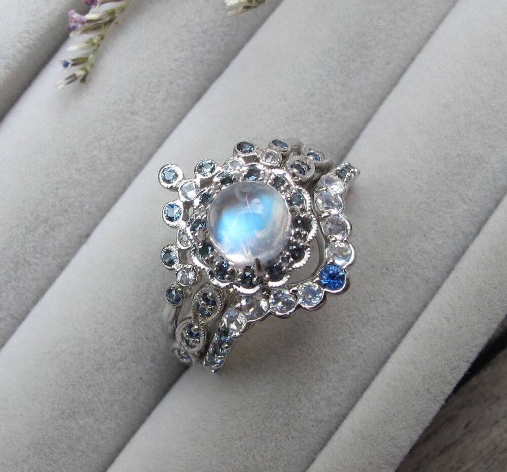 Antique Moonstone Sapphire 3 Ring Set - Round Halo Vintage Engagement Rings - White Gold Bridal with 2 Wedding Band