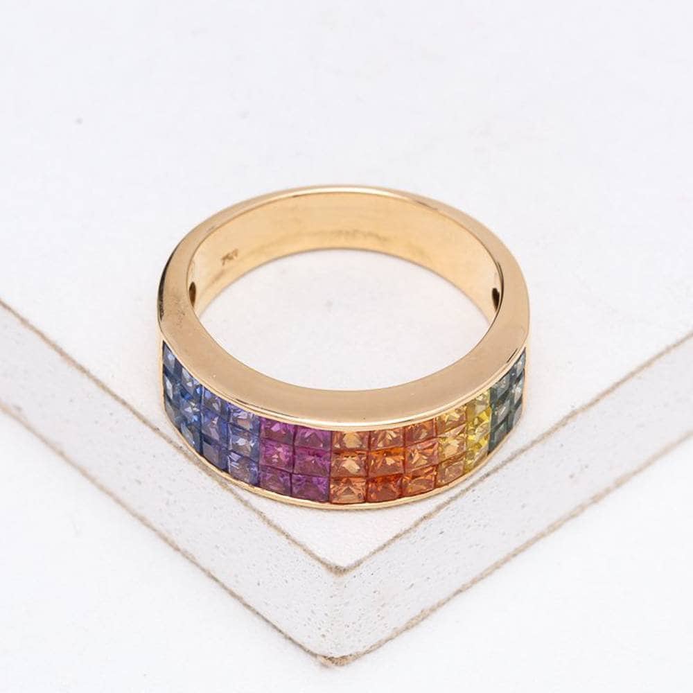 Lgbt Engagement Ring Wedding Band 18K Gold, Unisex Natural Rainbow Sapphire Riley Pride Ethical Jewelry Sku 55678