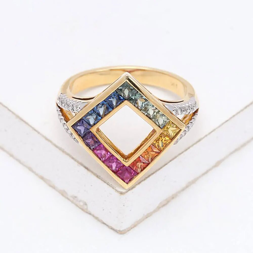 Mellisa Lgbt Engagement Ring 18K Gold, Unisex Rainbow Sapphire Wedding Band, Natural Ethical Gemstone Jewelry Sku 16644