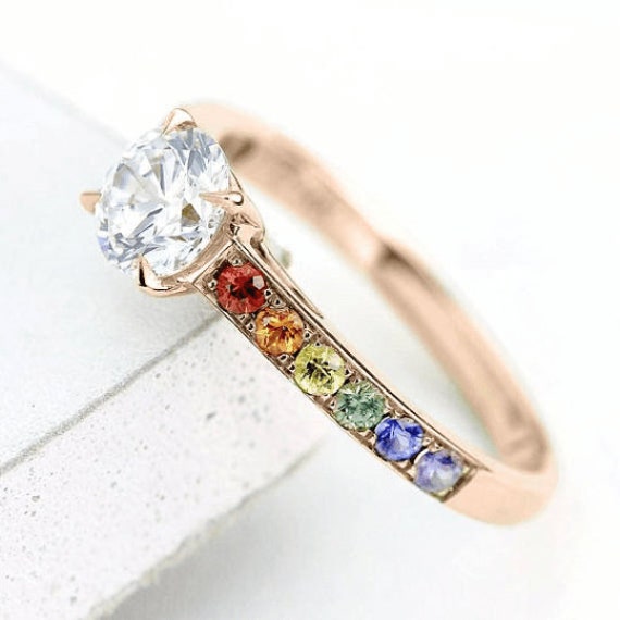 Unique Moissanite Engagement Ring 14K Rose Gold | Pave Rainbow Sapphire Band 6mm Round Center Stone Artisan Jewelry/R1720-14Krg
