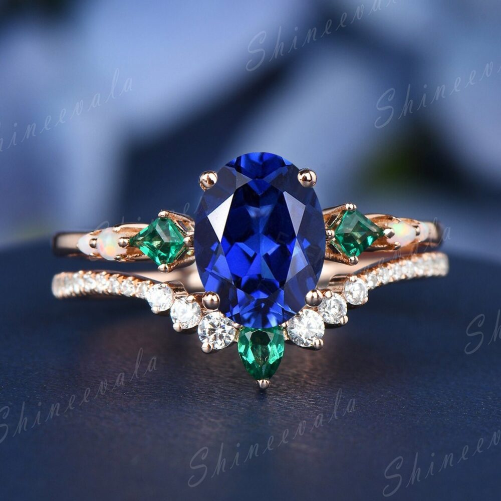 Blue Sapphire Wedding Set, Oval Shaped Engagement Ring, Stackable Diamond Band, 925 Sterling Silver Gemstone Bridal Sets