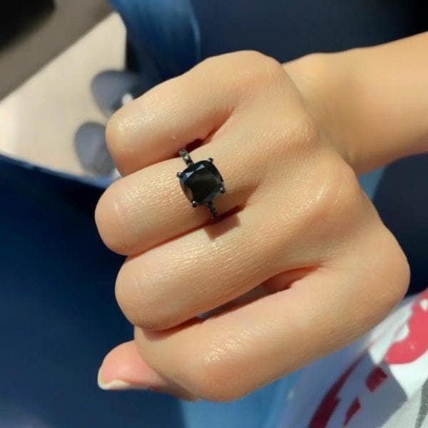 3 Carat Cushion Cut Black Diamond Engagement Ring, Set With Diamonds Band in 14K Solid White Gold. Impressive Ring