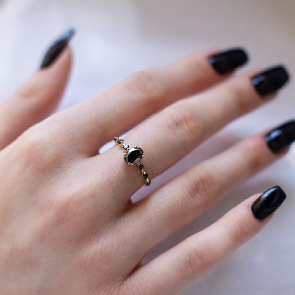14K Gold Oval Black Diamond Engagement Ring Promise Ring