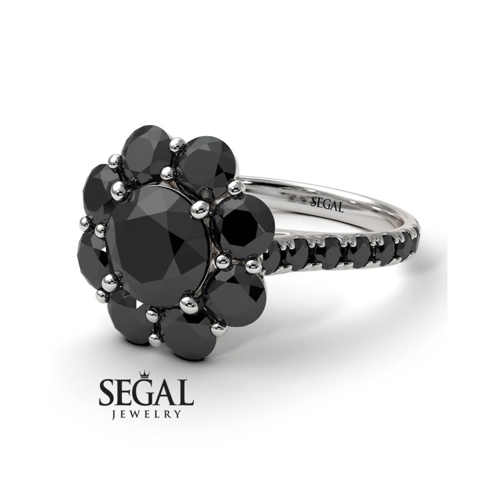 Black Diamonds Engagement Ring Black Diamond Halo Vintage Real 14K White Gold, Engagement Rings For Women - Amaya