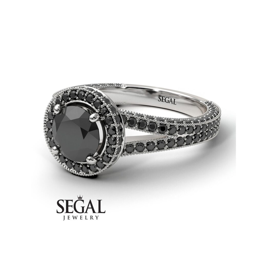 Black Diamonds Engagement Ring Black Diamond Halo Vintage Real 14K White Gold, Engagement Rings For Women - Payton