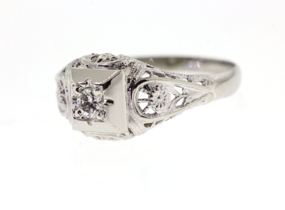 Vintage Engagement Ring, Art Deco Filigree White Gold Diamond Wedding Ring