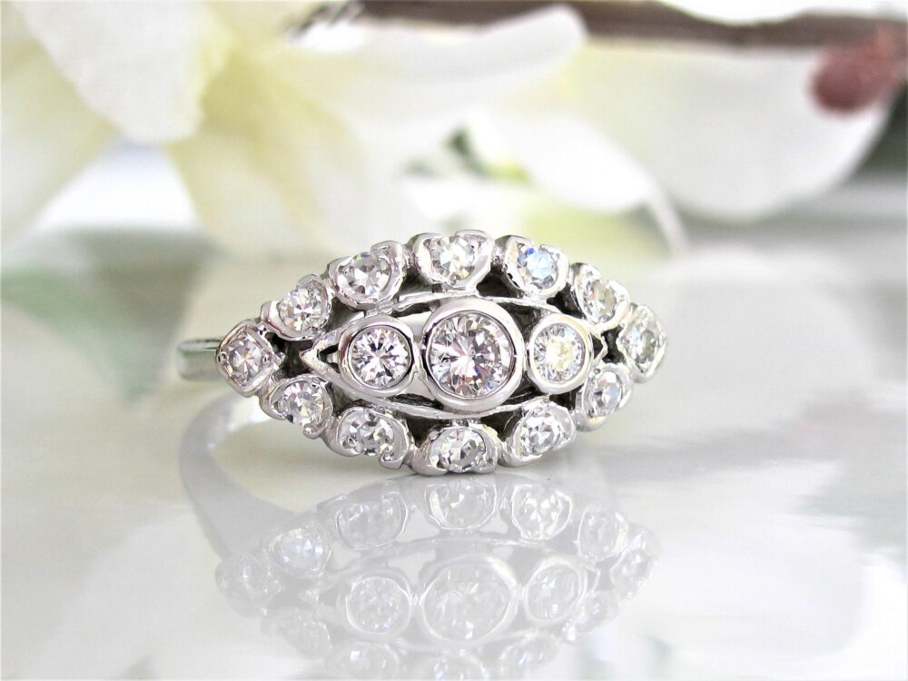 Vintage Engagement Ring Heart Motif Unique 0.76Ctw Diamond Cluster Anniversary 14K White Gold Wedding