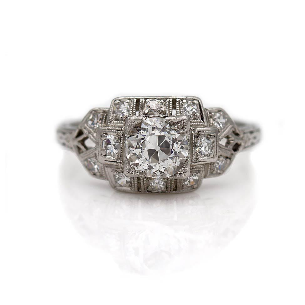 Art Deco 1.02 Ctw Halo Old Mine Cut Diamond Vintage Engagement Ring Platinum Gia I/Si1